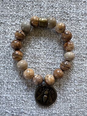 Natural Brown Jasper Beaded Bracelet Bee Charm Vintage Style Stretch Bracelet‎